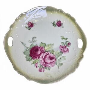 Antique Lehmann Arzberg Bavaria Hand Painted Pink Rose Cake Plate Embossed 10”
